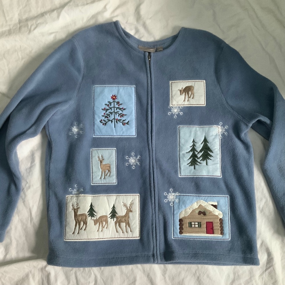 Embroidered Zippered Fleece Christmas Cardigan